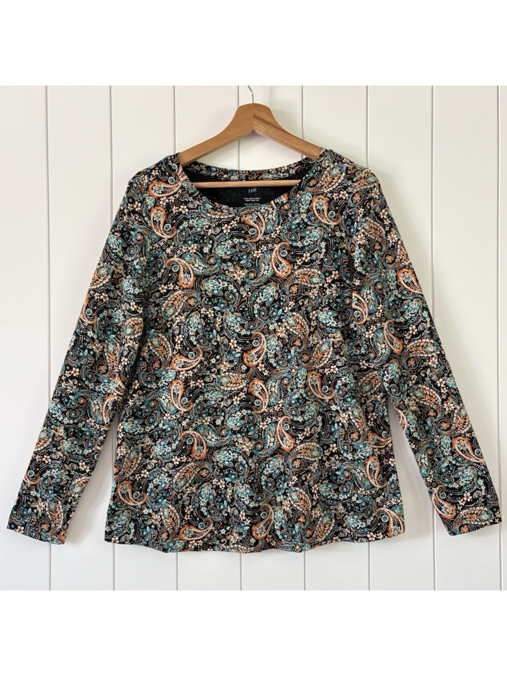 J Jill Pima Cotton Long Sleeve Crewneck Tee Paisley Floral Print Black Aqua M